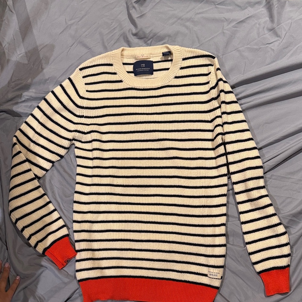 Scotch & Soda Cream and Black Striped Sweater with Orange Trim